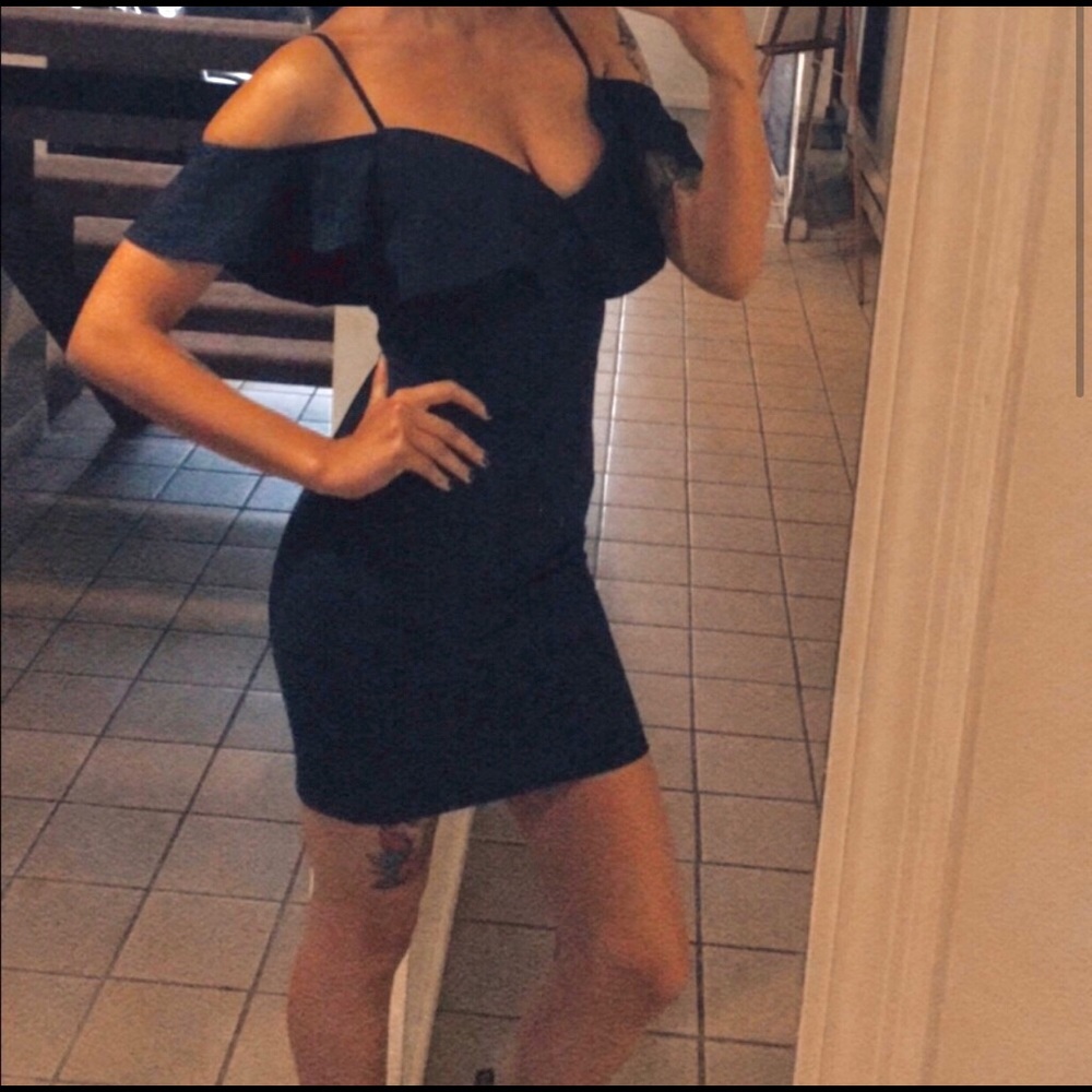 Navy Blue Off Shoulder Formal Midi Dress SMALL